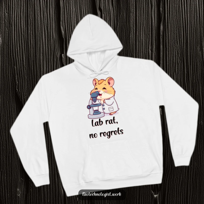 Funny, comfortable hoodie with a cute hamster in a lab coat examining a microscope, offering warmth and scientific humor as a gift.