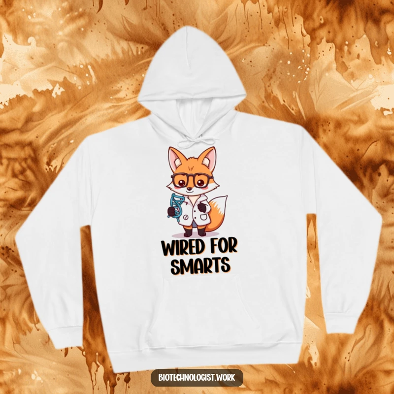 Funny, warm hoodie with a focused fox scientist in a lab coat, holding a DNA strand symbol, exuding intelligence.