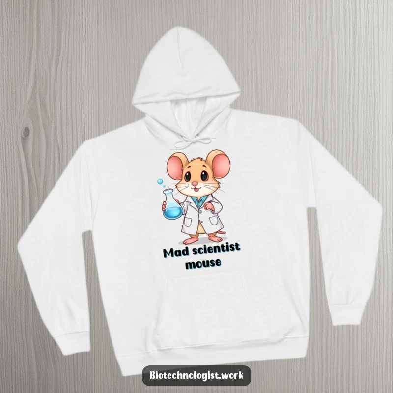 Funny mouse hoodie depicting a small mouse in a lab coat holding a bubbling beaker, symbolizing scientific exploration.