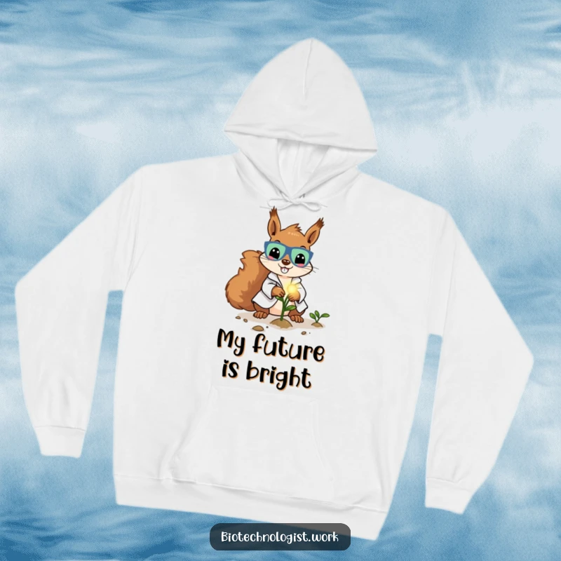 Funny, cozy hoodie with a cheerful squirrel scientist in a lab coat, planting a glowing seed, radiating warmth and optimism.