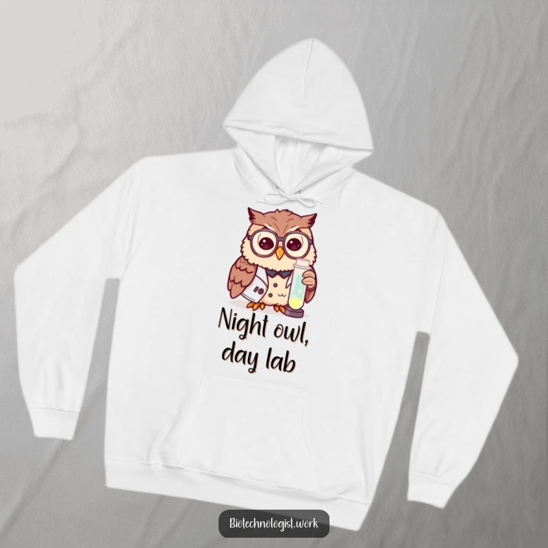 Funny, warm hoodie depicting a curious owl in a lab coat and spectacles examining a glowing test tube, offering comfort.