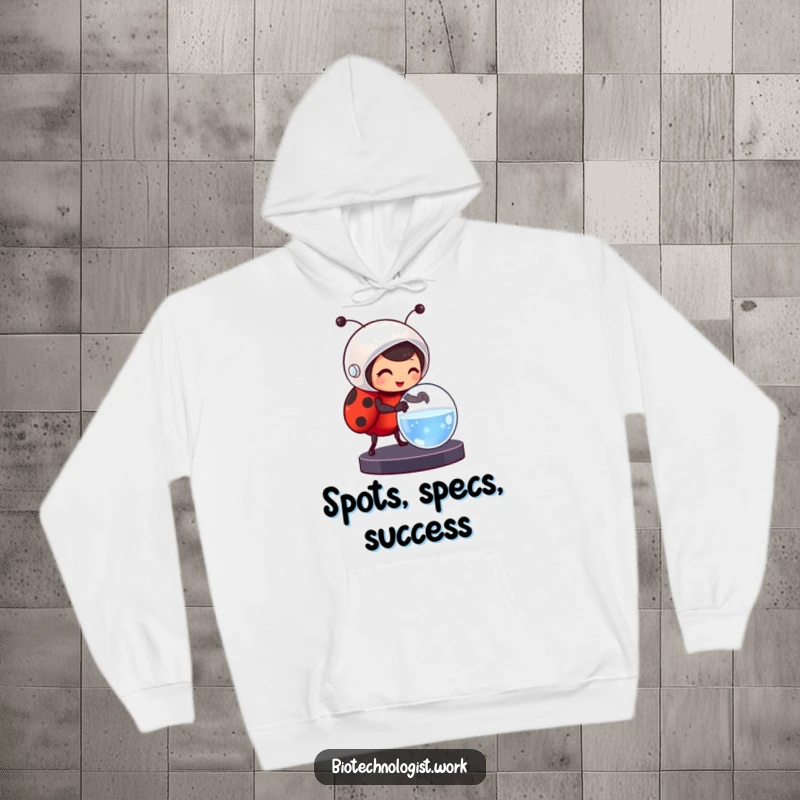 Funny, warm hoodie depicting a cheerful ladybug in a helmet working with a petri dish, offering comfort and humor.