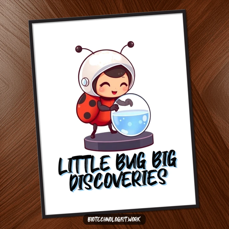 Funny Free Printable Ladybug Scientist Wall Art, cheerful ladybug in helmet with petri dish, cute decor.