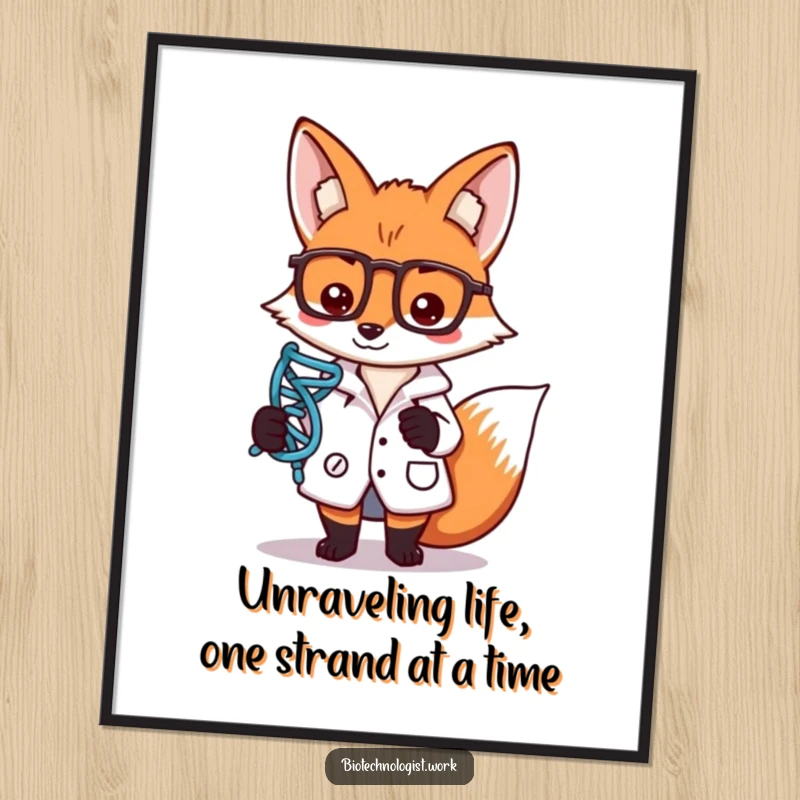Funny Free Printable Wall Art: A focused fox scientist in a lab coat holds a glowing DNA strand symbol.