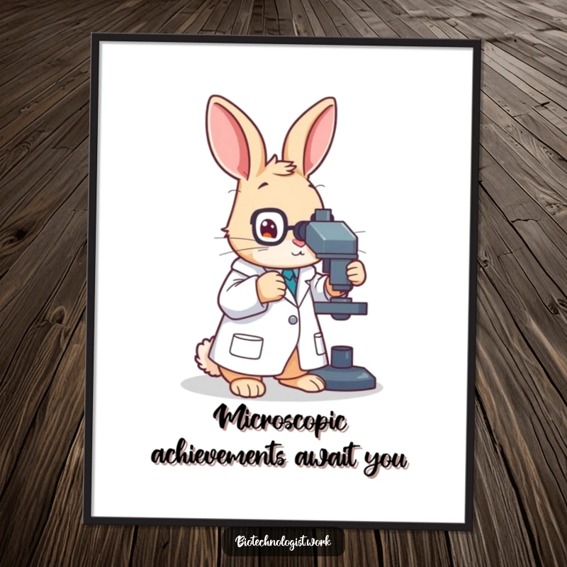 Funny Free Printable Wall Art: A diligent rabbit scientist in a lab coat adjusts a microscope with intense focus.