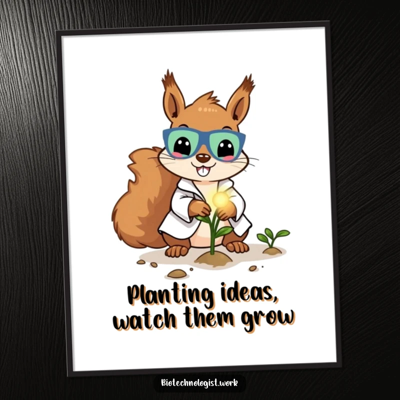 Funny Free Printable Wall Art: A cheerful squirrel scientist in a lab coat plants a glowing seed with optimism.
