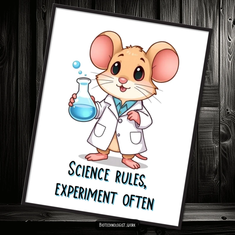 Funny free printable wall art of a small, curious mouse in a lab coat examining a brightly bubbling beaker.