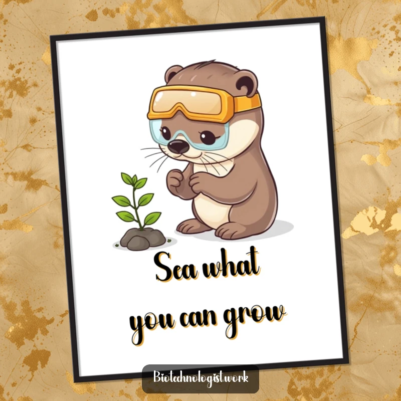 Funny free printable wall art of a happy, splashing otter wearing safety goggles and carefully studying a small plant.