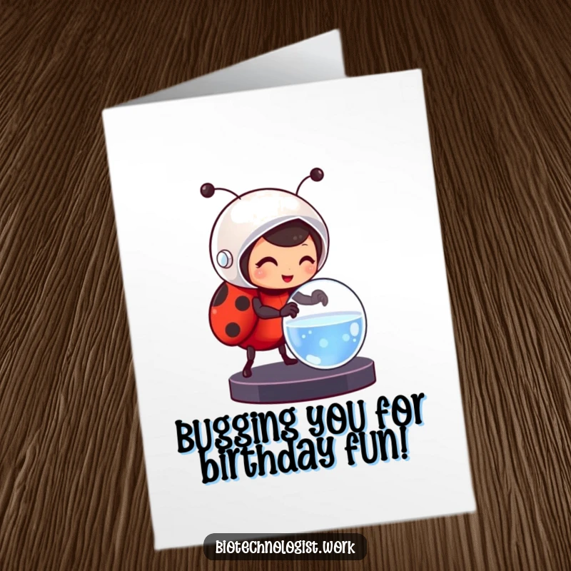 Funny Free Printable Ladybug Scientist Birthday Card, ladybug in helmet adjusting petri dish, downloadable fun.