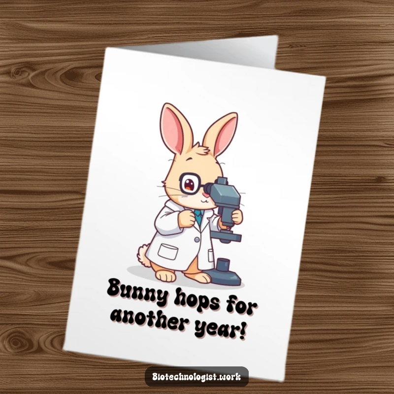 Funny Free Printable Birthday Card: Diligent rabbit scientist in lab coat peers intently into a microscope.