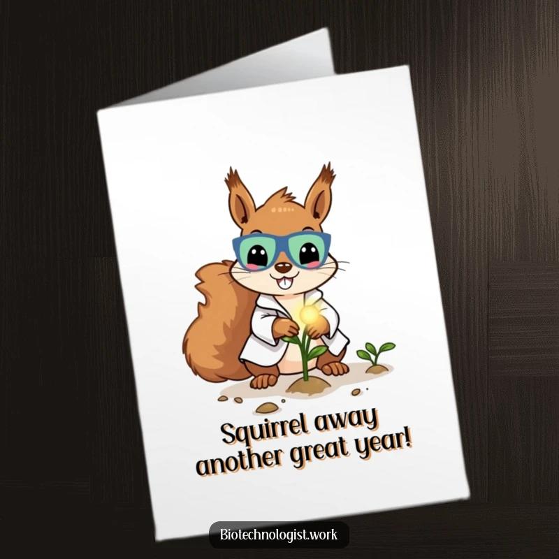Funny Free Printable Birthday Card: Cheerful squirrel scientist plants a glowing seed, symbolizing new beginnings.