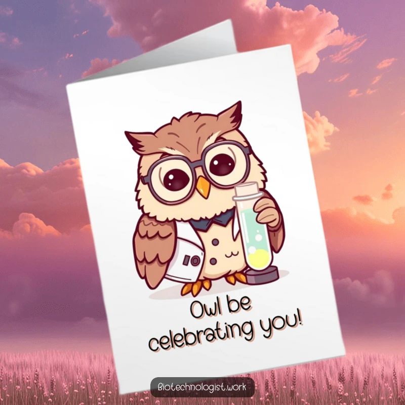 Funny Free Printable Owl Scientist Birthday Card, owl in lab coat examining glowing test tube, downloadable fun.