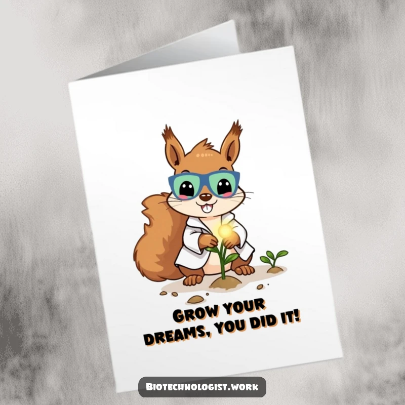 Funny Free Printable Congrats Card: Cheerful squirrel scientist plants a glowing seed for a successful outcome.
