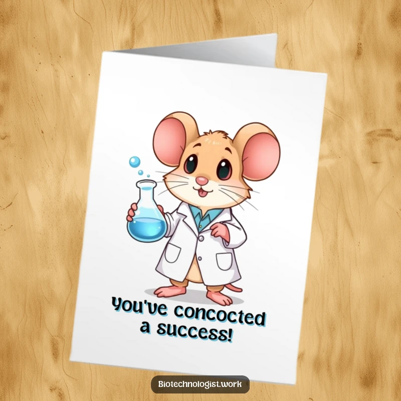 Free printable congratulations card showing a curious mouse scientist holding a frothing beaker, celebrating a successful experiment.