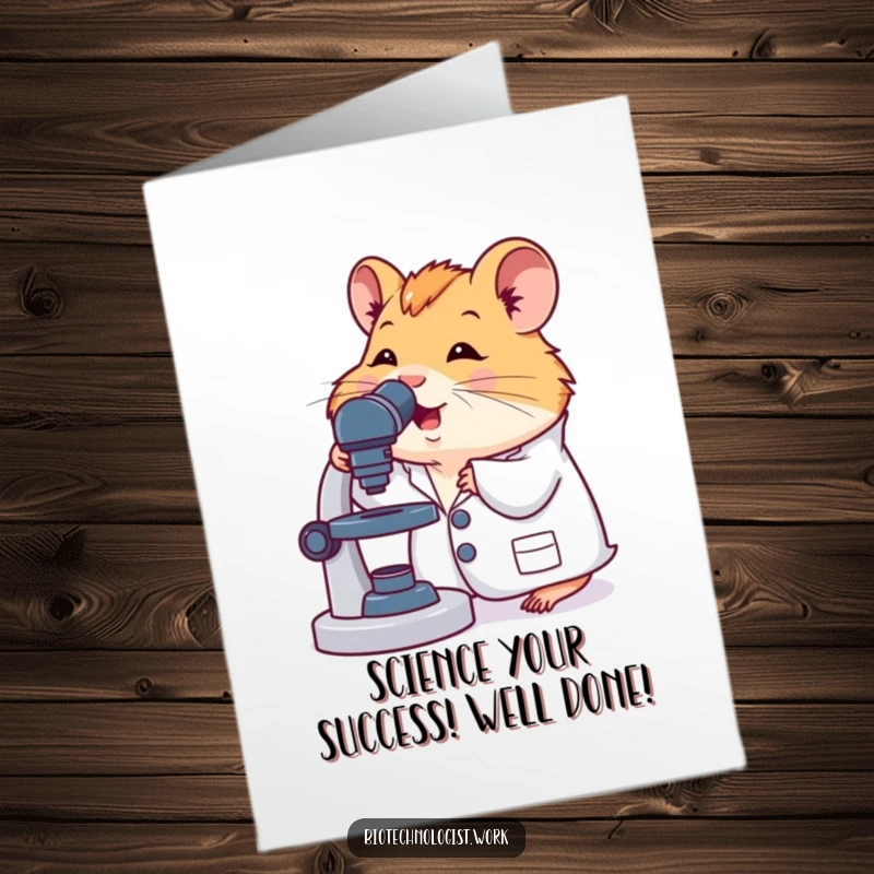 Funny Free Printable Hamster Scientist Congratulations Card, hamster in lab coat celebrating success, perfect downloadable gift.