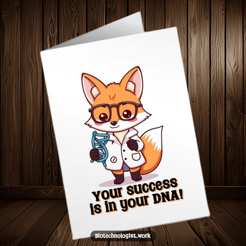 Funny Free Printable Congrats Card: Focused fox scientist shows off a DNA strand symbol, signifying a major discovery.