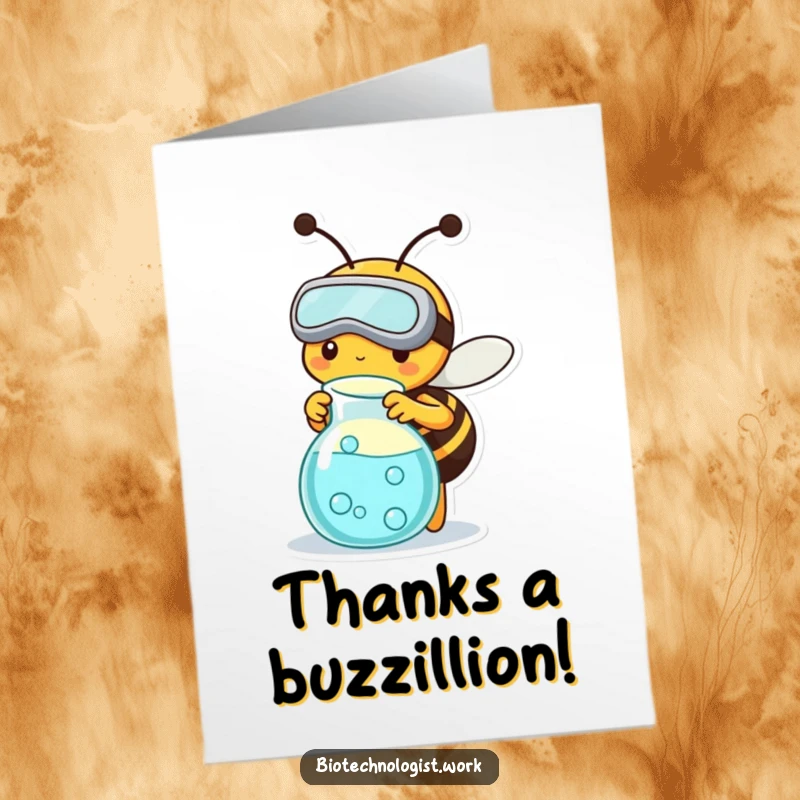 Funny Free Printable Bee Scientist Thank You Card, busy bee with beaker showing thanks, unique downloadable gift.