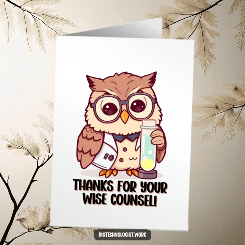 Funny Free Printable Owl Scientist Thank You Card, owl examining glowing test tube, unique downloadable gift.