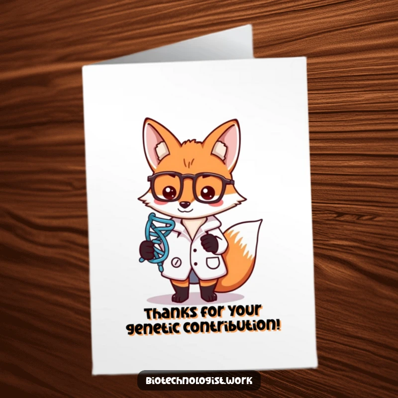 Funny Free Printable Thank You Card: Focused fox scientist holds a DNA strand, symbolizing a debt of gratitude.