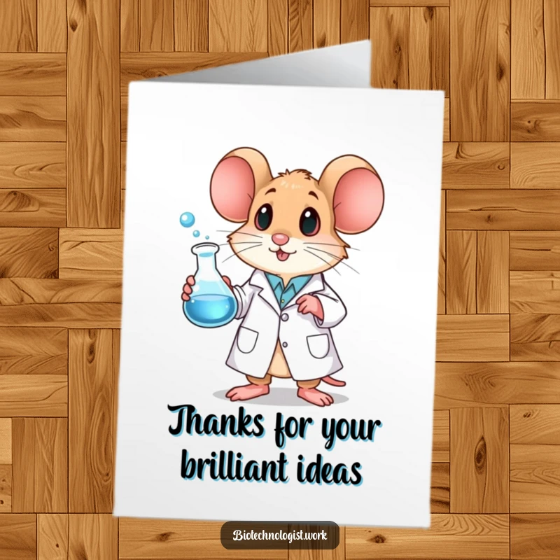 Funny free printable thank you card of a mouse in a lab coat carefully holding a bubbling, experimental beaker.