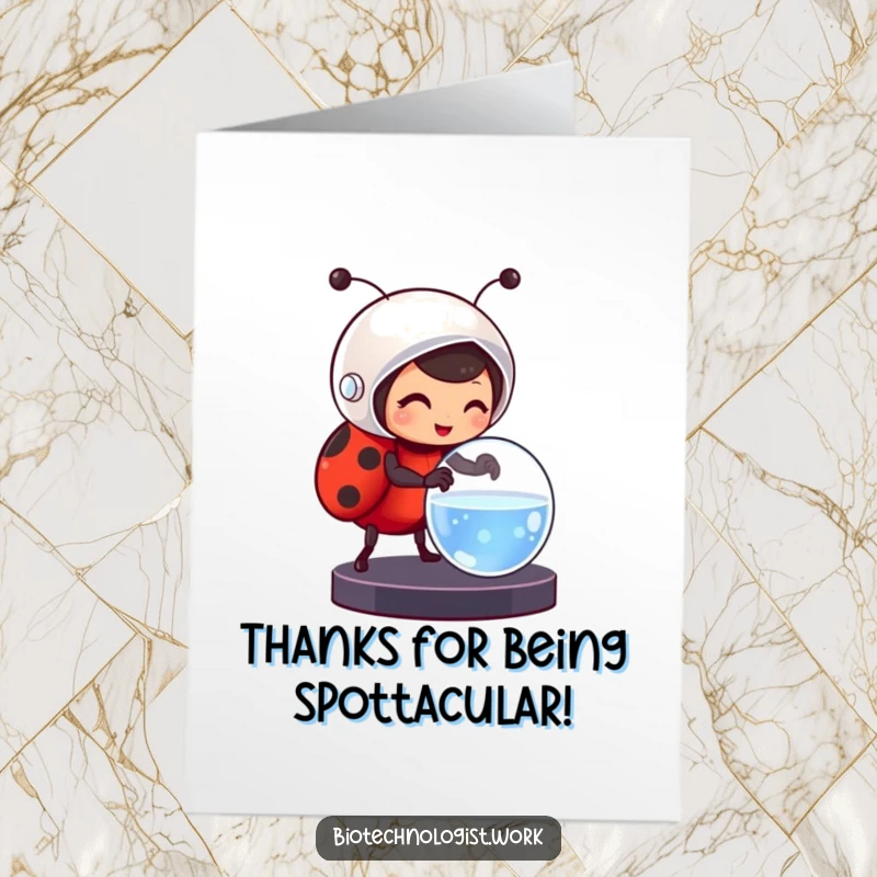Funny Free Printable Ladybug Scientist Thank You Card, ladybug adjusting petri dish, unique downloadable gift.