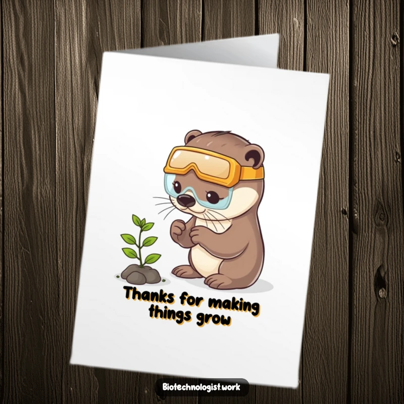Funny free printable thank you card showing a playful otter in safety goggles meticulously observing a tiny plant.