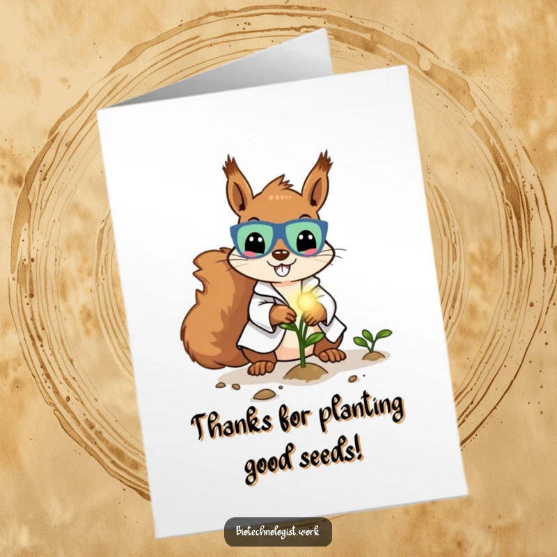 Funny Free Printable Thank You Card: Grateful squirrel scientist holding a glowing seed, representing appreciation.
