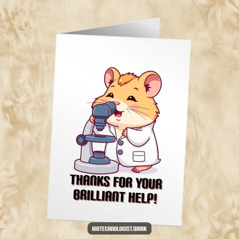 Funny Free Printable Hamster Scientist Thank You Card, hamster in lab coat showing thanks, unique downloadable gift.