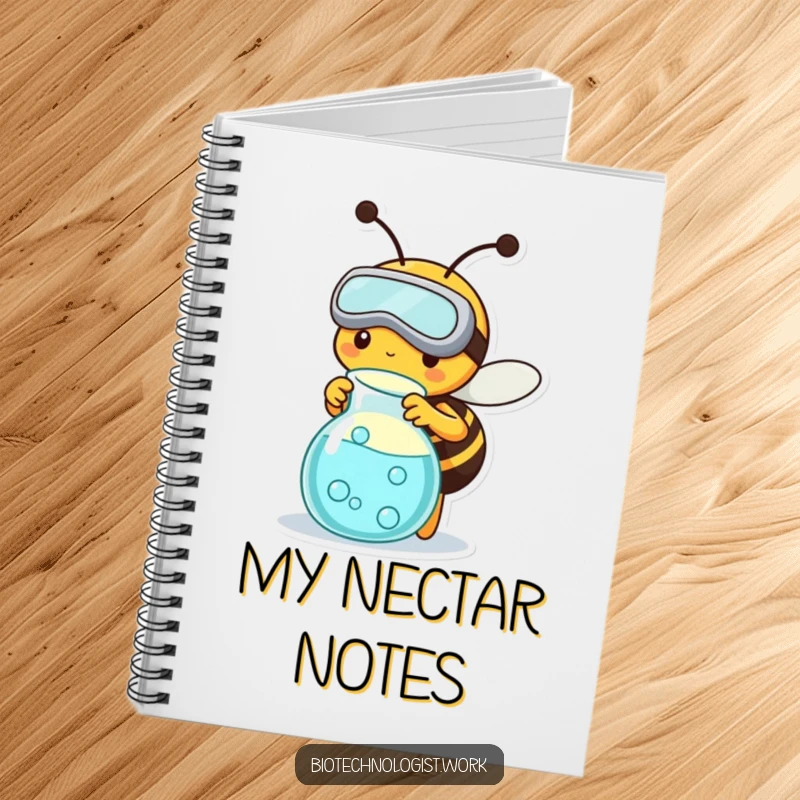 Funny notebook with a busy bee in goggles, tending to a science beaker, ideal for note-taking and capturing ideas.