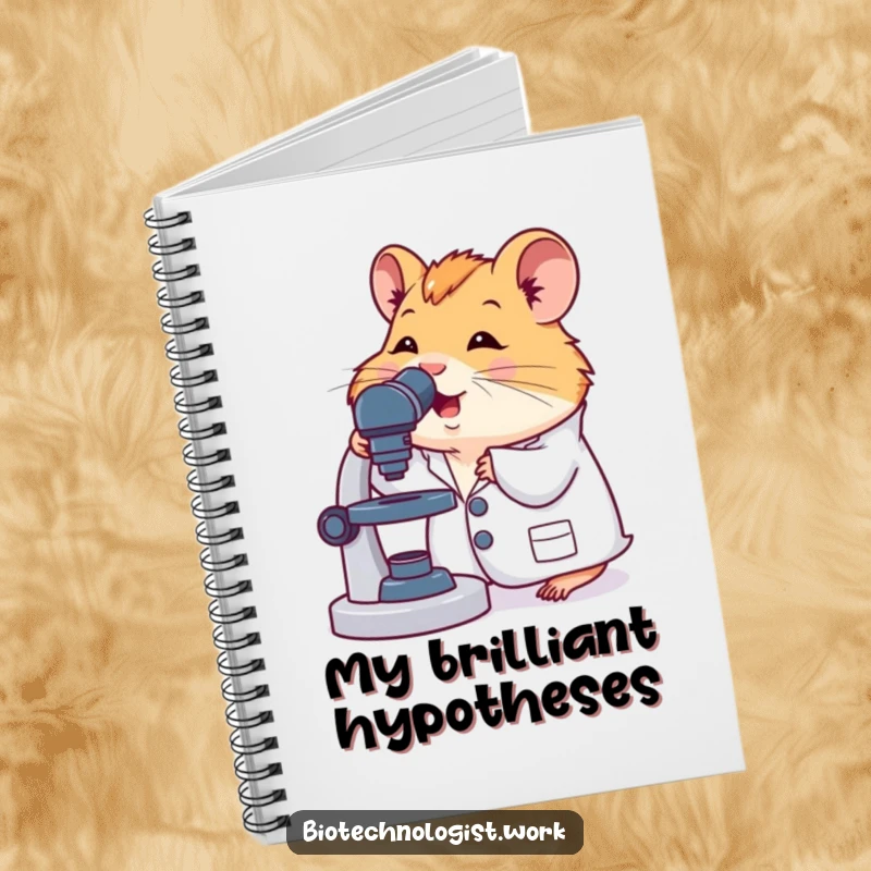 Funny notebook with a cute hamster in a lab coat, excitedly using a microscope, ideal for taking notes and jotting ideas.