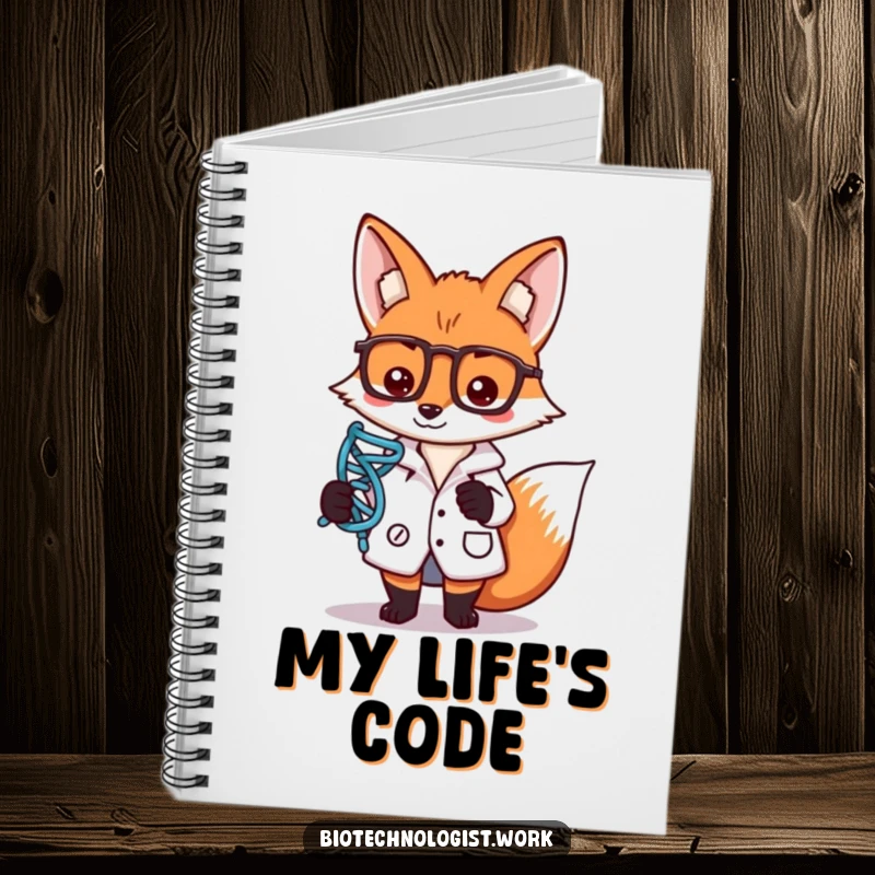 Funny notebook with a focused fox scientist in a lab coat, holding a DNA strand symbol, perfect for scientific notes.