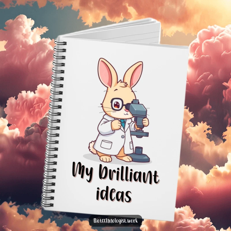 Funny notebook with a diligent rabbit scientist in a lab coat, adjusting a microscope, perfect for jotting down scientific notes.
