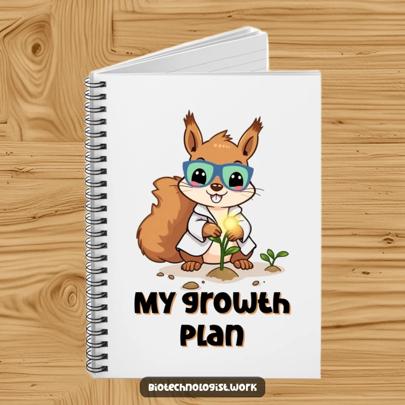 Funny notebook with a cheerful squirrel scientist in a lab coat, planting a glowing seed, inspiring new thoughts and ideas.