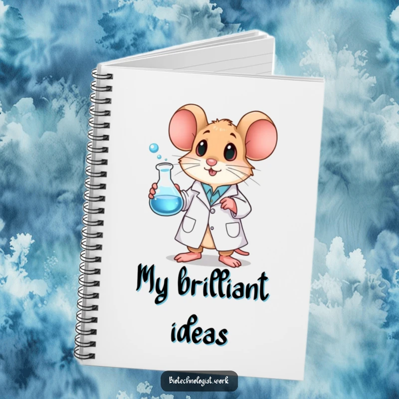 Funny mouse notebook with a cover showing a mouse in a lab coat holding a bubbling beaker, ready for research.