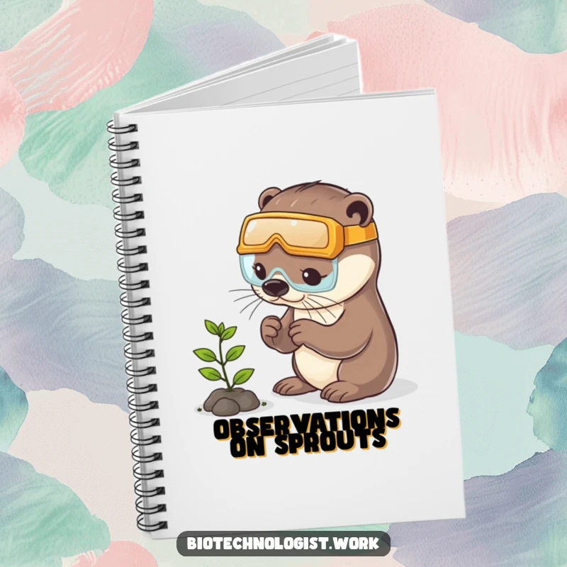 Funny otter notebook with a cover showing a playful otter in safety goggles examining a tiny plant, ready for notes.