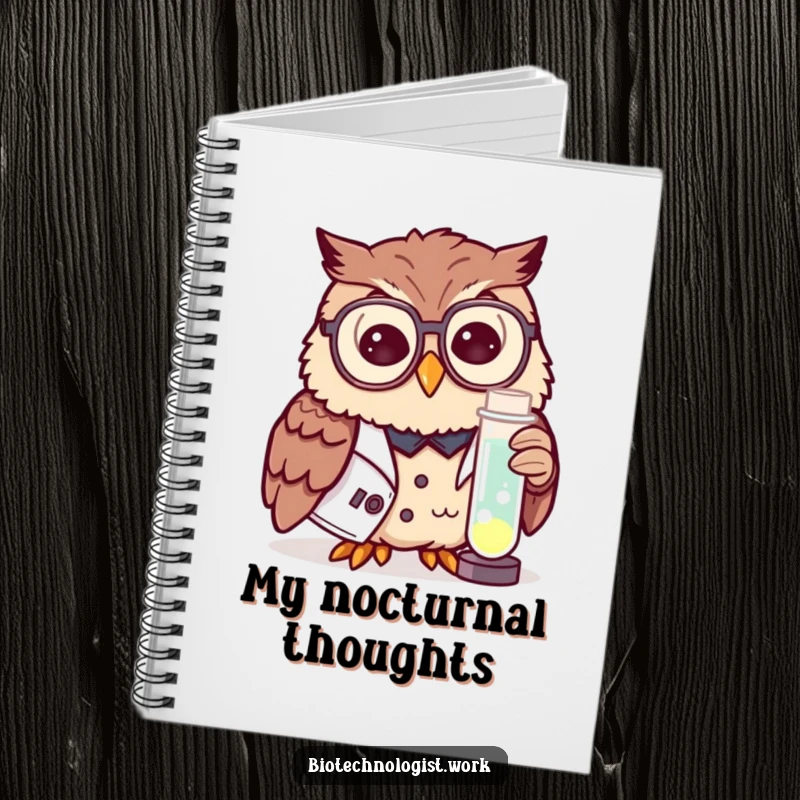 Funny notebook with a curious owl in a lab coat and spectacles examining a glowing test tube, ideal for notes.