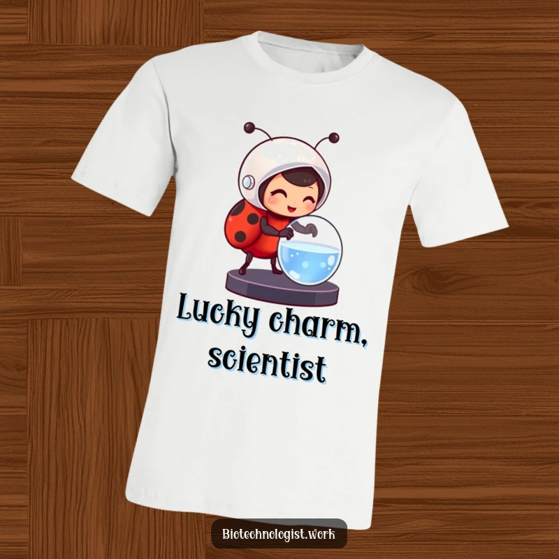 Funny t-shirt of a cheerful ladybug in a helmet, carefully adjusting a petri dish, perfect for science enthusiasts.