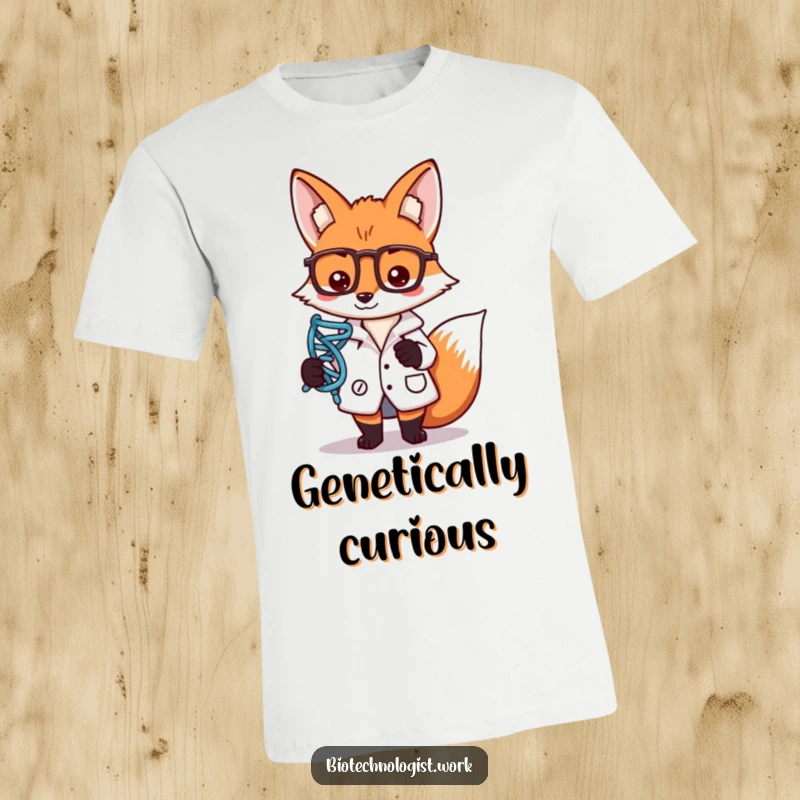 Funny t-shirt with a focused fox scientist in a lab coat, holding a DNA strand symbol, representing expertise in genetics.
