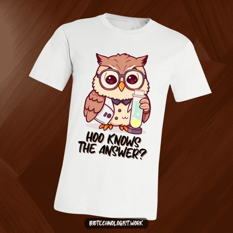 Funny t-shirt of a curious owl in a lab coat and spectacles examining a glowing test tube, perfect for thinkers.