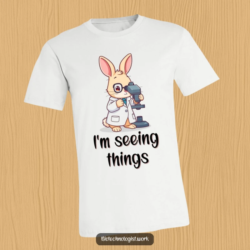 Funny t-shirt showcasing a diligent rabbit scientist in a lab coat, focused on adjusting a microscope for incredible research.
