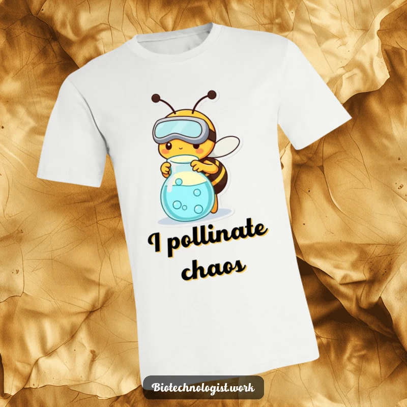 Funny t-shirt of a diligent bee wearing goggles and working with a bubbling beaker, perfect for science lovers.