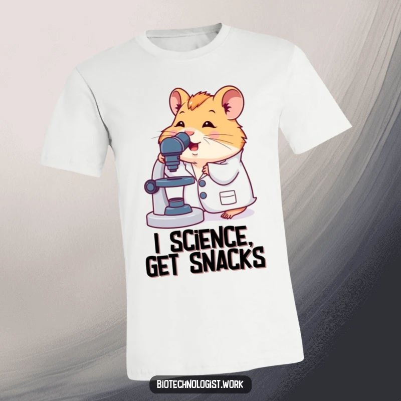 Funny t-shirt showing a cute hamster wearing a lab coat, excitedly looking through a microscope, ideal for science enthusiasts.