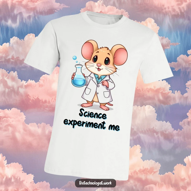 Funny mouse t-shirt showing a small mouse wearing a lab coat, holding a bubbling beaker, ready for discovery.
