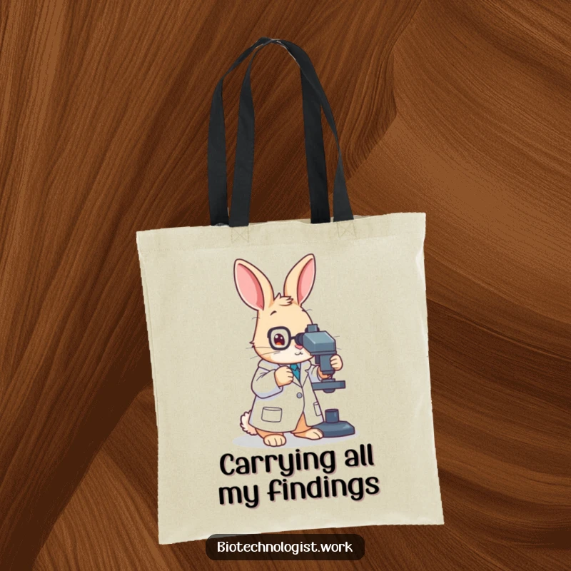 Funny tote bag depicting a diligent rabbit scientist in a lab coat, busy adjusting a microscope with a curious expression.