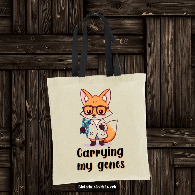 Funny tote bag showing a focused fox scientist in a lab coat, holding a DNA strand symbol, perfect for carrying knowledge.