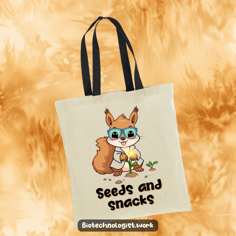 Funny tote bag showing a cheerful squirrel scientist in a lab coat, planting a glowing seed, representing growth and new beginnings.