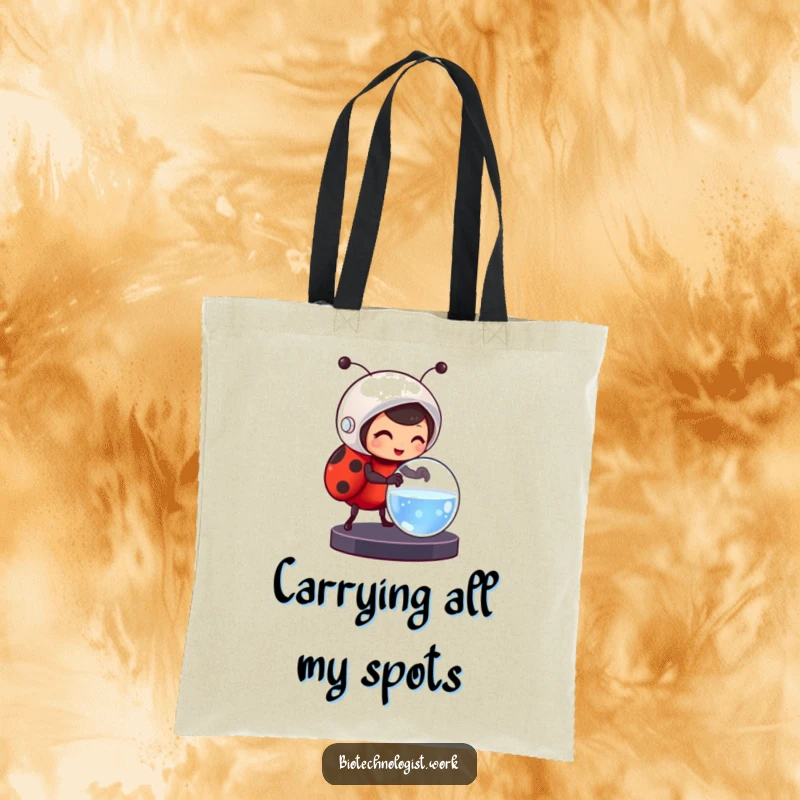 Funny tote bag with a cheerful ladybug wearing a helmet, carefully adjusting a petri dish, perfect for carrying items.