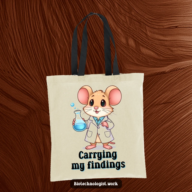Funny mouse tote bag showing a mouse in a lab coat holding a bubbling beaker, ready for scientific endeavors.
