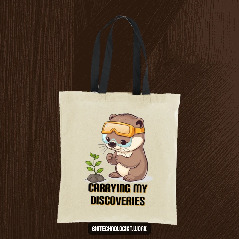 Funny otter tote bag showing a playful otter in safety goggles examining a tiny plant, ideal for nature lovers.