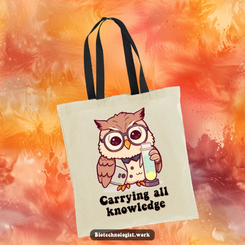 Funny tote bag with a curious owl wearing a lab coat and spectacles examining a glowing test tube, perfect for carrying items.